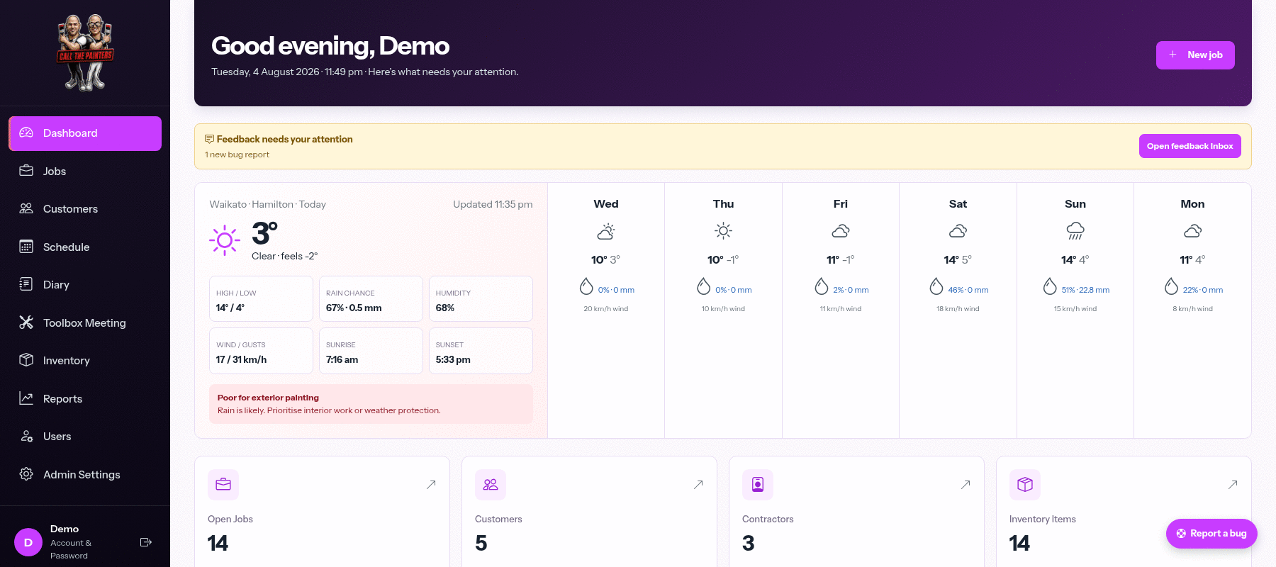 PaintBoss dashboard showing jobs, scheduling and business activity
